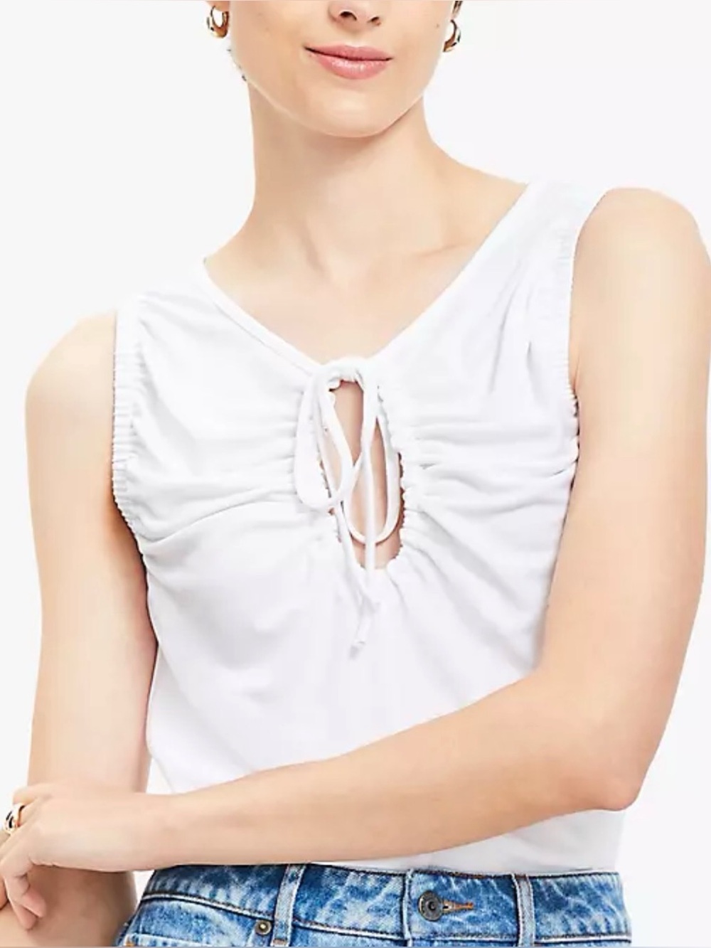 LOFT Sleeveless Keyhole Tie-Front White Top - Medium